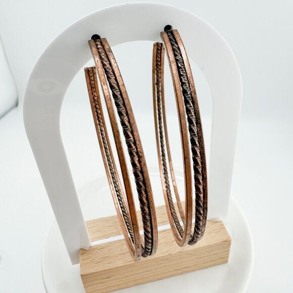 Vintage Large Copper Hoop Earrings Brutalist Statement Filigree Southwestern - Picture 7 of 10